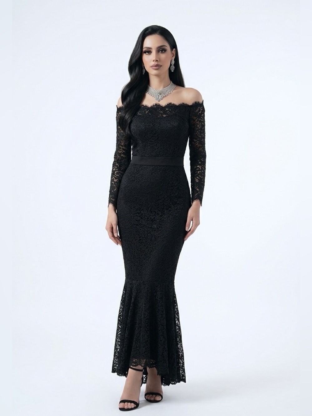 Black Lace Mermaid Maxi Dress with Three-Quarter Sleeves